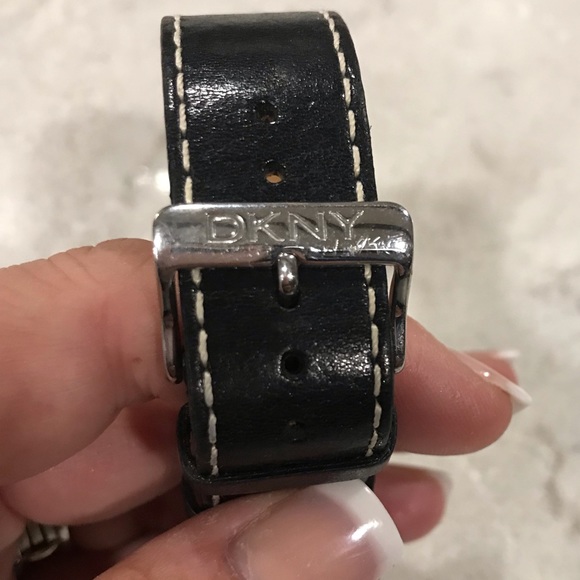 DKNY Black Leather White Stitch Band Watch - Picture 2 of 4